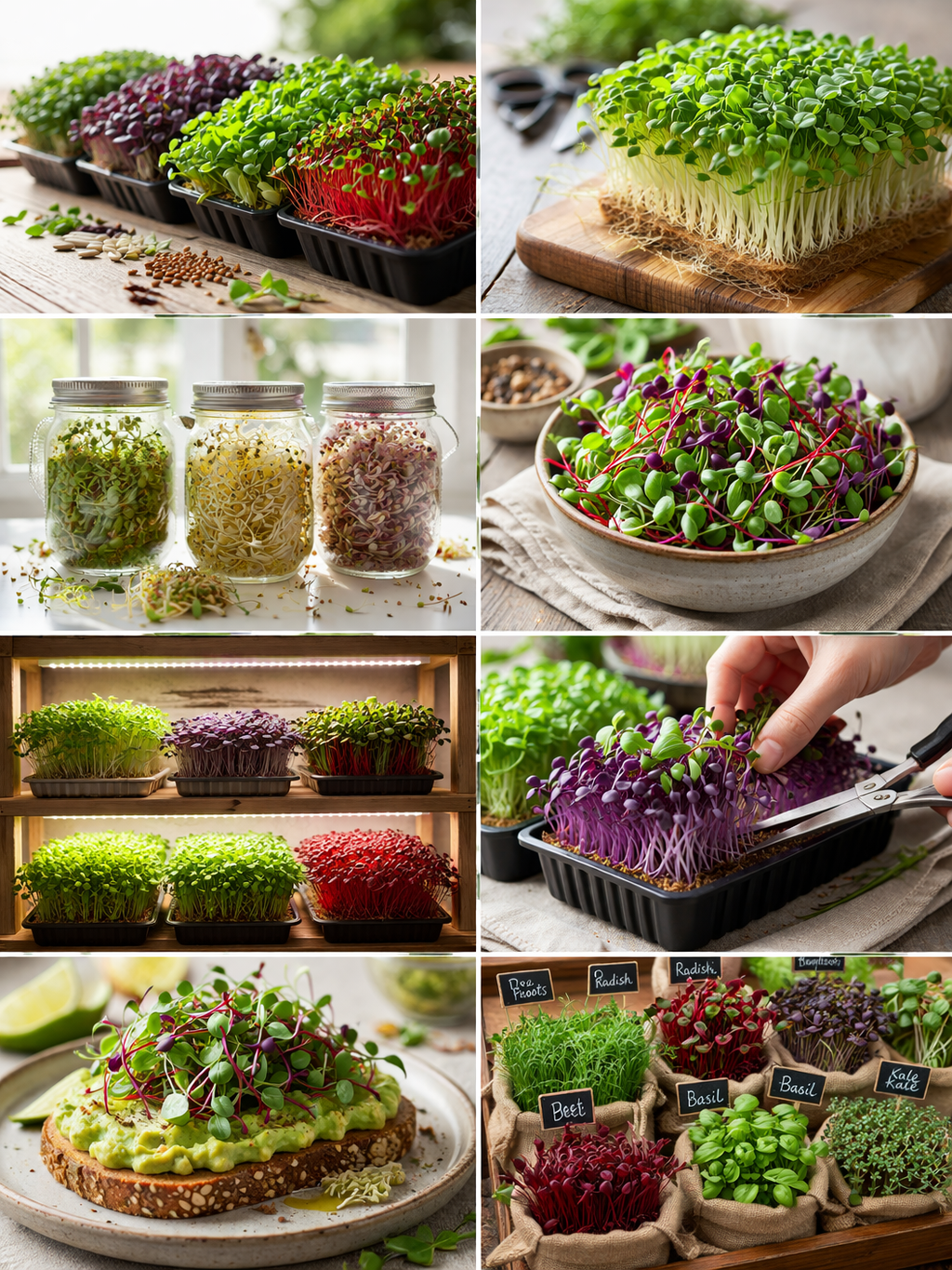 Our growing setup - microgreens varieties, growing shelves, and fresh produce